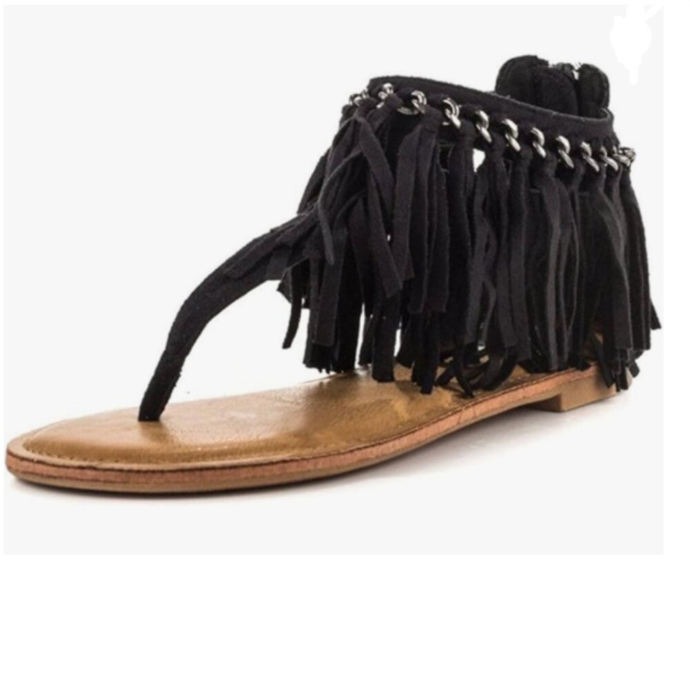 YDN Black Flip Flop Sandals Fringes Thong Flats Shoes Suede Tassels Metal Chain